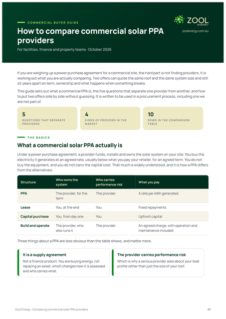 First page of the Zool Energy commercial solar PPA comparison guide